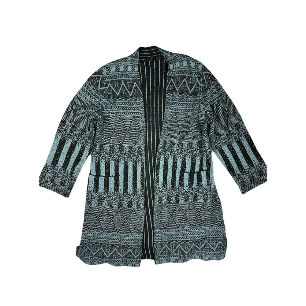 MAXSPORT Women's Geometric Knit Open Front Cardigan Sweater Gray Blue L